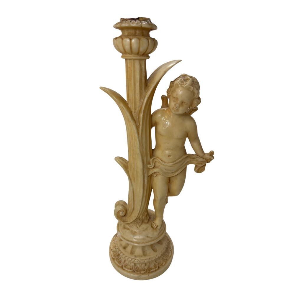 Rare Vintage Cherub Candlestick Putti Rococo‎ Revival Baroque Faux Ivory 12in